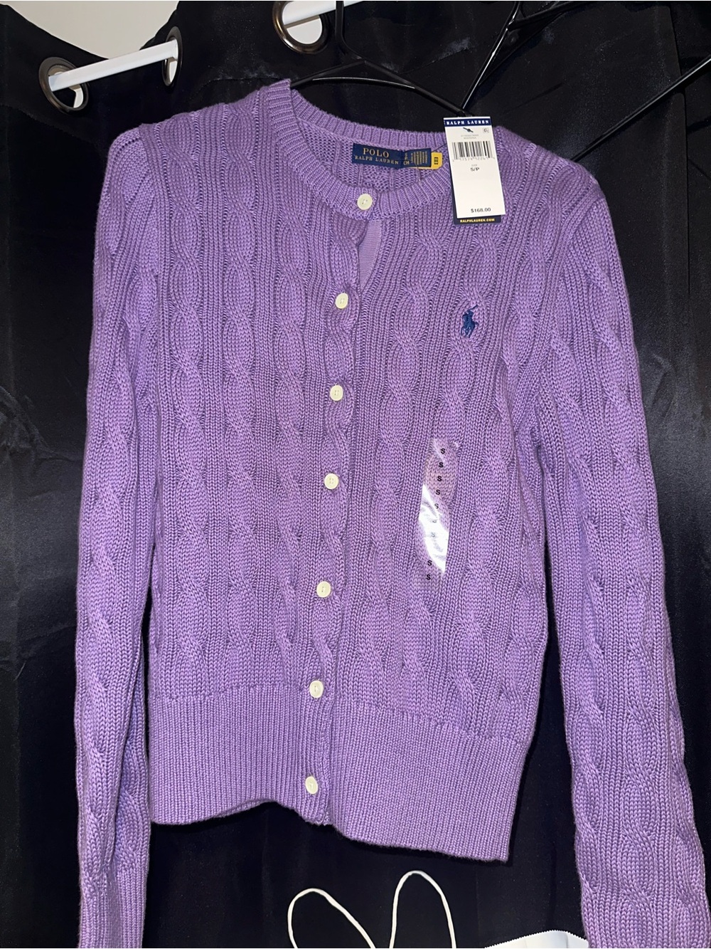 Polo by Ralph Lauren Lavender Cable-Knit Button Cardigan with Embroidered Logo